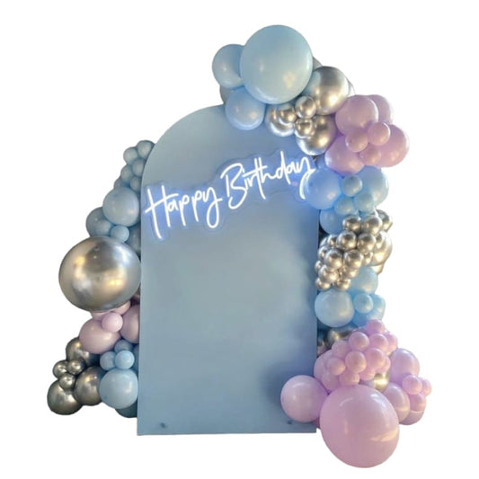 PASTEL BLUE BIRTHDAY BACKDROP WITH ORGANIC BALLOON DECOR
